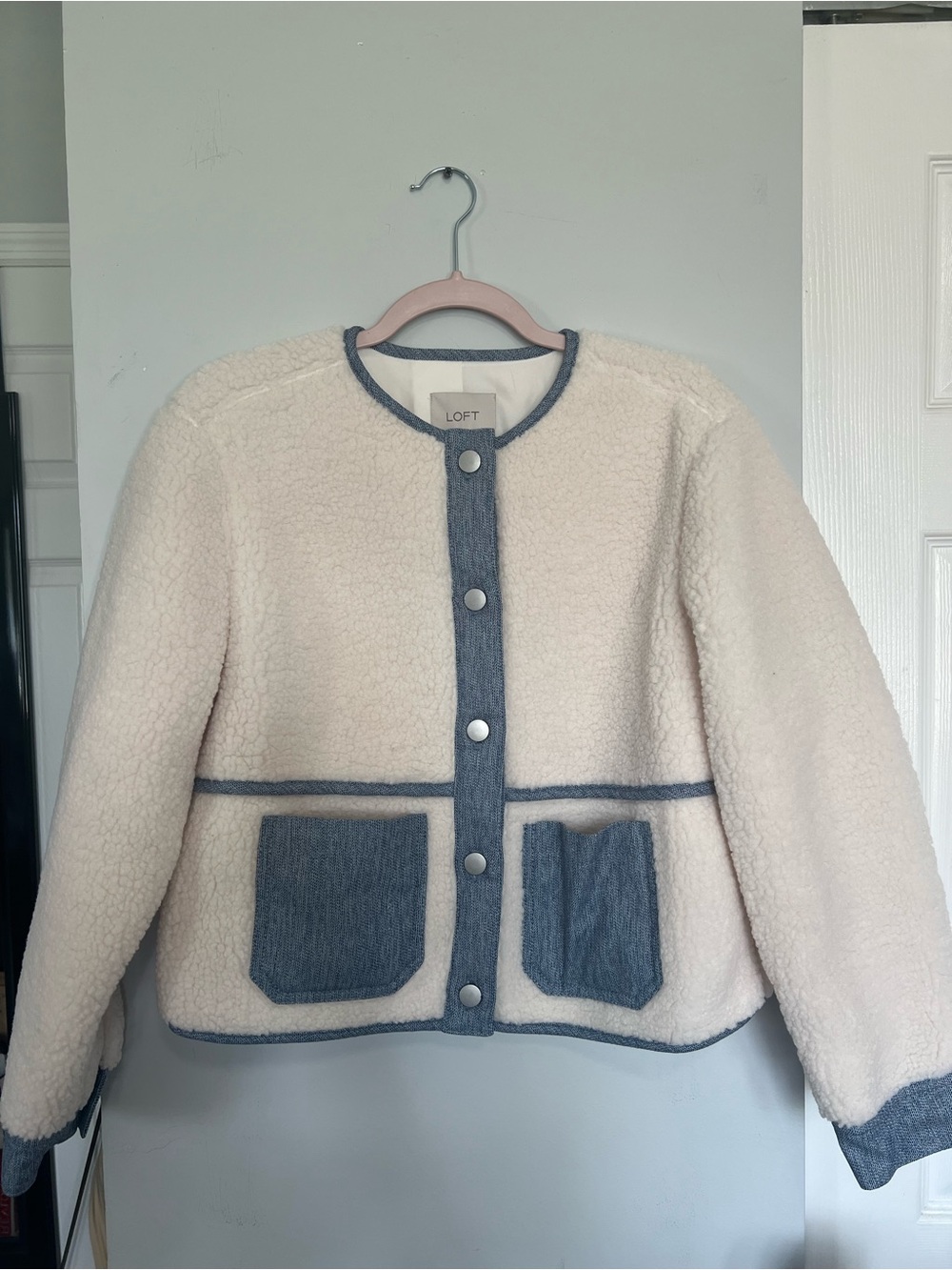 LOFT Cream Sherpa Jacket with Blue Denim-Trim Accents